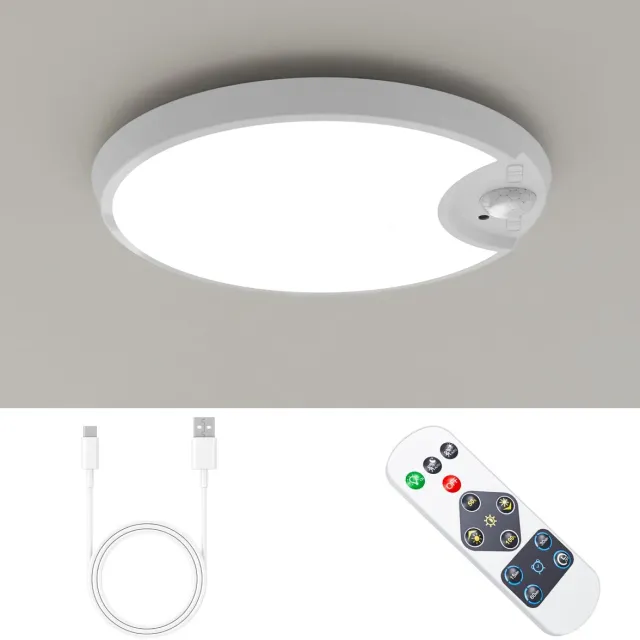 Epochglo LED Plafondlamp met Bewegingssensor - Oplaadbaar via USB - Dimbaar - Afstandsbediening - Rond 19 cm - Voor Badkamer, Gang, Kast, Trap Wit