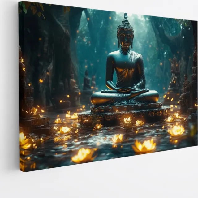 Saammp Canvas Schilderij - Boeddha met kaarsen - 50x40 - Foto op canvas - Wanddecoratie - Muurdecoratie Woonkamer - Canvas schilderijen Multicolor