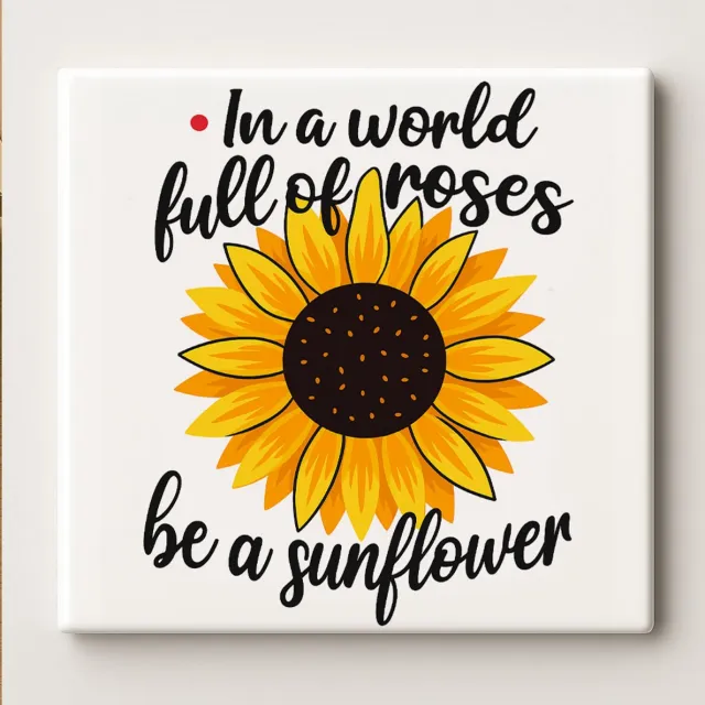 Bedruk King In een Wereld Vol Rozen Wees een Zonnebloem – Inspirerende 15x15 cm Keramische Tegel met Quote | Positieve Woondecoratie Cadeau met Zonnebloem Ontwerp
