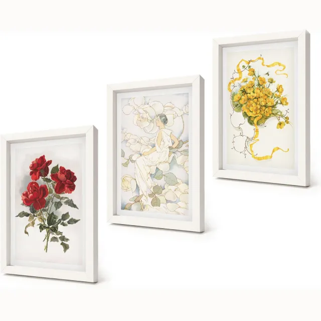 Coloray 3-Delige Schilderij Set - Rode rozen in een witte vaas met gele bloemen. - 20x30 - Wanddecoratie - Schilderijen Set - Kantoor - Muurdecoratie Witte lijst