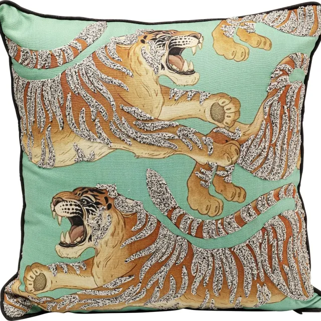Unyqoos Stijlvol sierkussen met tijgermotief en mintgroene tint voor elegant interieur, Sierkussen, Vierkant, Veelkleurig, Polyester