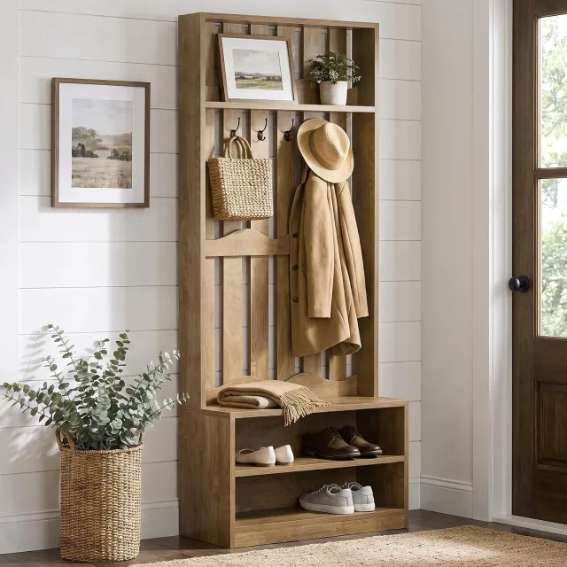 Little Trees LITTLE TREE Kapstokbank Landhuisstijl - 80 x 30 x 180 cm - 4-In-1 Garderobe Met Schoenenopslag - 4 Haken - 2-Laags Schoenenrek - Rustiek Bruin