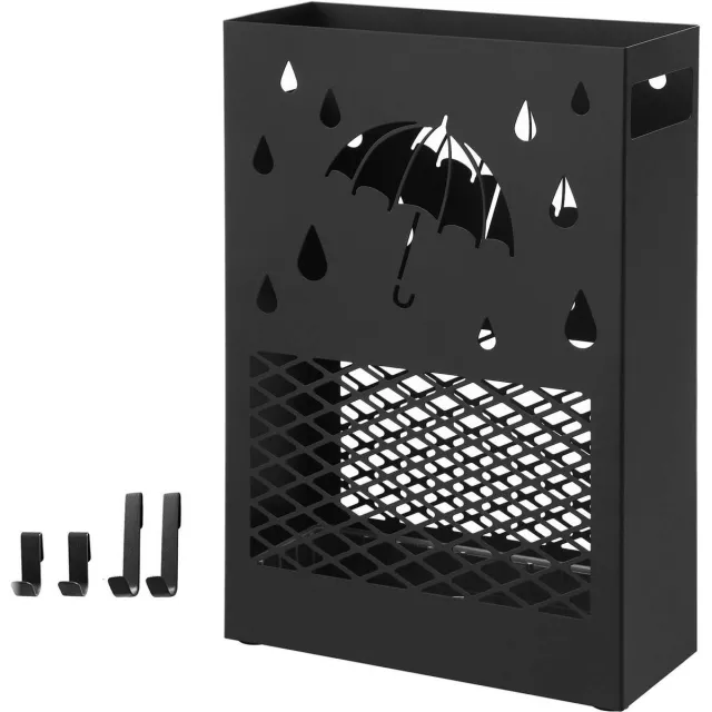 San Marque Paraplubak Standaard paraplubak 28x12x41cm Zwart Met antislip voetjes, afneembare wateropvangbak en 4 haken Opengewerkt ventilatieontwerp Snel drogend Stabiel en duurzaam metalen frame Geschikt voor hal en kantoor