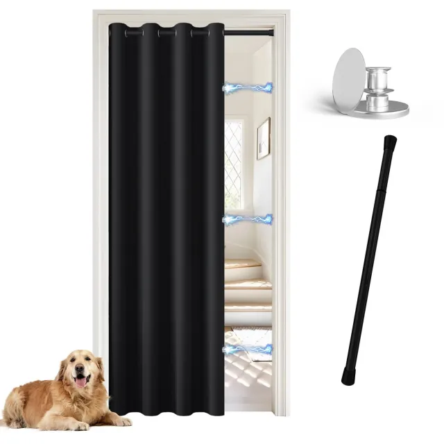 Famanu Ondoorzichtig deurgordijn met telescoopstang, 132x195 cm, eenvoudig te monteren zonder boren, geschikt voor verschillende toepassingen en biedt bescherming tegen hitte, licht en geluid Zwart