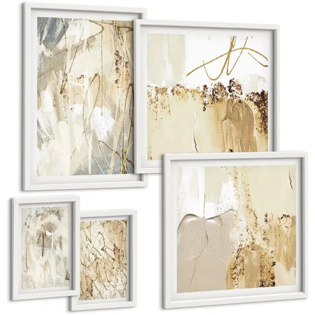 Coloray 5-Delige Schilderij Set - Abstracte Composities In Een Moderne En Minimalistische Stijl. - 50 x 50 cm, 20 x 30 cm En 40 x 60 cm - Muurdecoratie - Decoratieve Schilderijen - Wohnzimmer Witte lijst