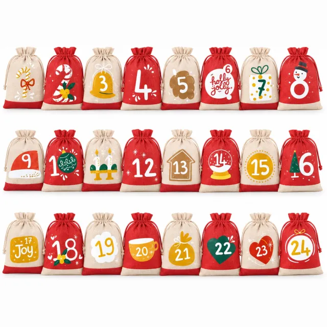 Huttutu Adventkalenderzakjes - 24-daagse Kerst Countdown met Jute Trekkoordzakjes - Geschikt voor Feest en Kerstdecoratie - 24 Stuks