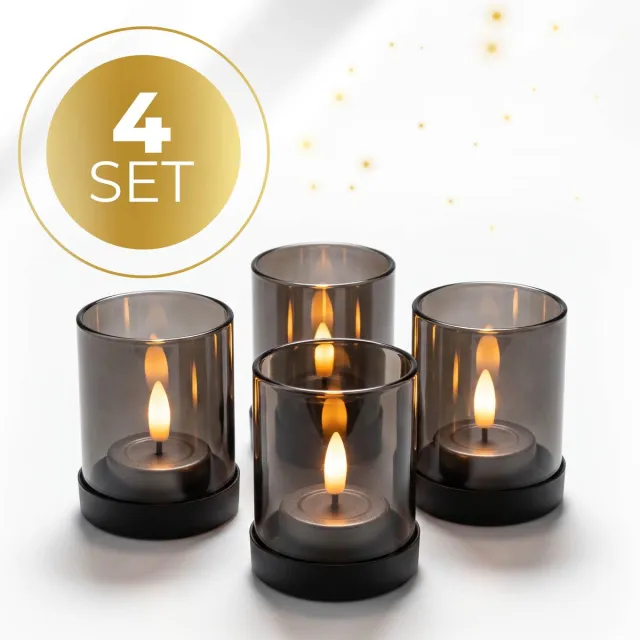 KENN Industriële Waxinelichthouders - Set van 4 - Smoke/Grijs Glas - Zwarte Metalen Basis - Theelichthouders - Kaarsenhouders - Luxe Uitstraling - Voor Binnen & Buiten - Lichtermeer - Voor LED Kaarsen & Waxinelichtjes