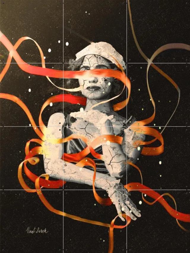 IXXI Veins Of Memory, Vineet Suresh - 60 x 80 cm - Grote wanddecoratie en posters - Gemengde Technieken, Fantasierijk, Illustraties, Surrealisme Oranje / Wit / Grijs / Zwart