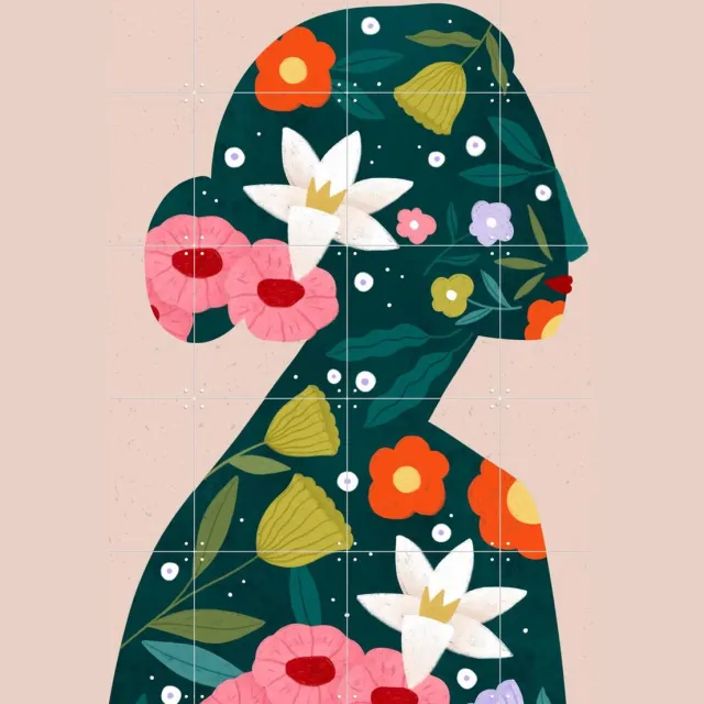 IXXI Filled With Flowers, Bea Müller & Various - 80 x 100 cm - Grote wanddecoratie en posters - Modern, Abstract, Speels, Fantasierijk, Illustraties Groen / Roze