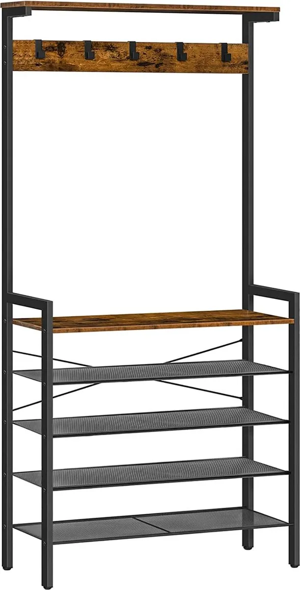 Furnibella Kapstok Stand, Hall Tree met 5 -tier schoen opslag rek, Grote industriële hal standaard, 5 verwijderbare haken, hout Accent Top Shelf, Entryway Storage Shelf, Metalen frame, Rustiek bruin EBF74MT01