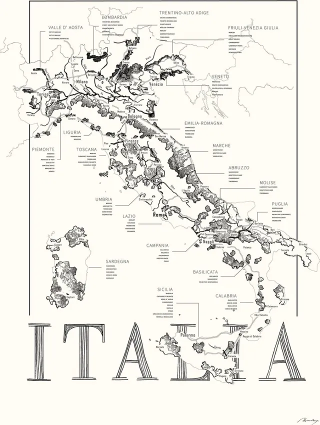 Brushery Poster zwart wit - Italië - wijnliefhebber - wijnkaart - 50 x 70 cm zwartwit
