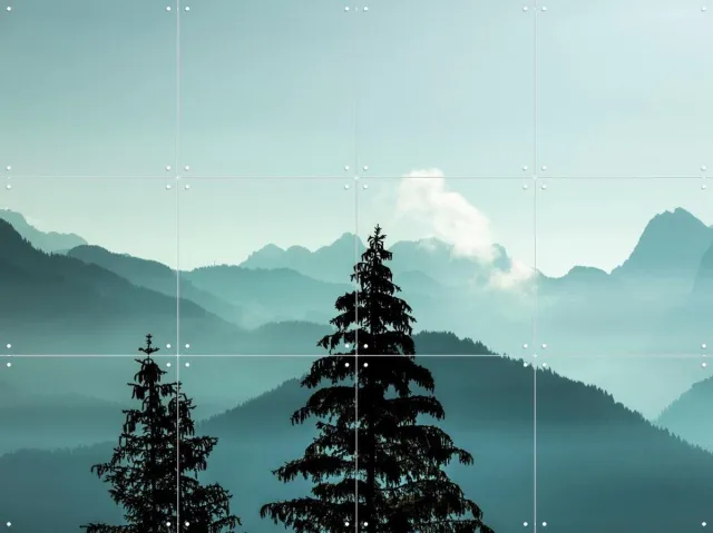 IXXI Alpine Forest And Blue Mountain Layers, Claire Droppert - 80 x 60 cm - Grote wanddecoratie en posters - Realisme, Fotografie, Gang, Slaapkamer Grijs / Blauw