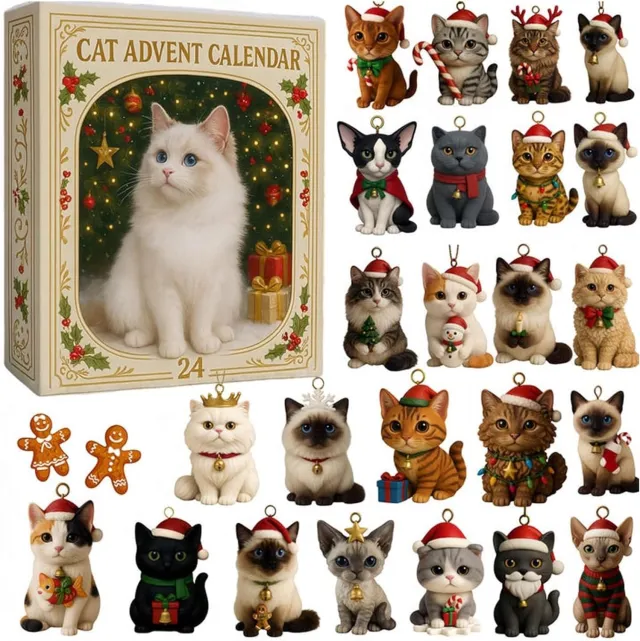 Pyreta 2026 Adventskalender - Katten Adventskalender 2026 - 24 dagen aftellen - 24 acryl kittens - Schattige 2D decoraties - Kerstversiering - Kerstboomversiering - Perfect voor kattenliefhebbers - Kerstvakantie - Feestdecoratie Meerdere kleuren