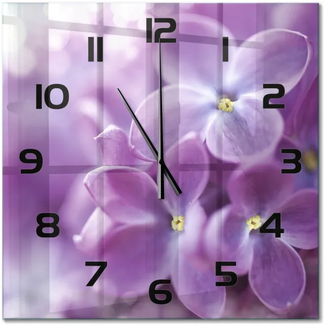 TULUP Wandklok - Paarse bloemen Gekleurde Glazen Klok - 60x60 cm - Paars Glazen Klok Met Print - Zwarte handen - Vierkante Klok - Moderne Wandklok Glas - Wandklok Glas Decoratie