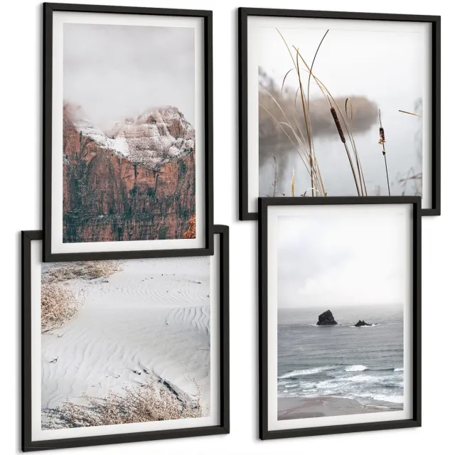 Coloray 4-Delige Schilderij Set - Abstracte Golven In Grijstinten En Pasteltinten - 40 x 40 cm En 40 x 60 cm - Stijlvolle Muurdecoratie - Slaapkamer - Wanddecoratie Zwarte lijst