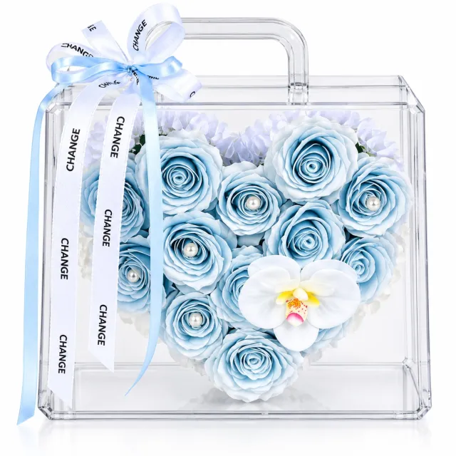 La Roselle Amsterdam Transparante Bloemen Handtas met Lichtblauwe Kunstrozen en Witte Orchidee – Luxe Kunstbloemen Cadeau – Bloemenbox voor Verjaardag, Moederdag, Valentijn en Jubileum | La Roselle Amsterdam Lichtblauw en wit