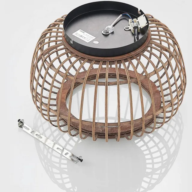 Lindby plafondlamp hout - 1licht - Rotan, staal - H: 24.5 cm - E27 - matzwart, licht hout