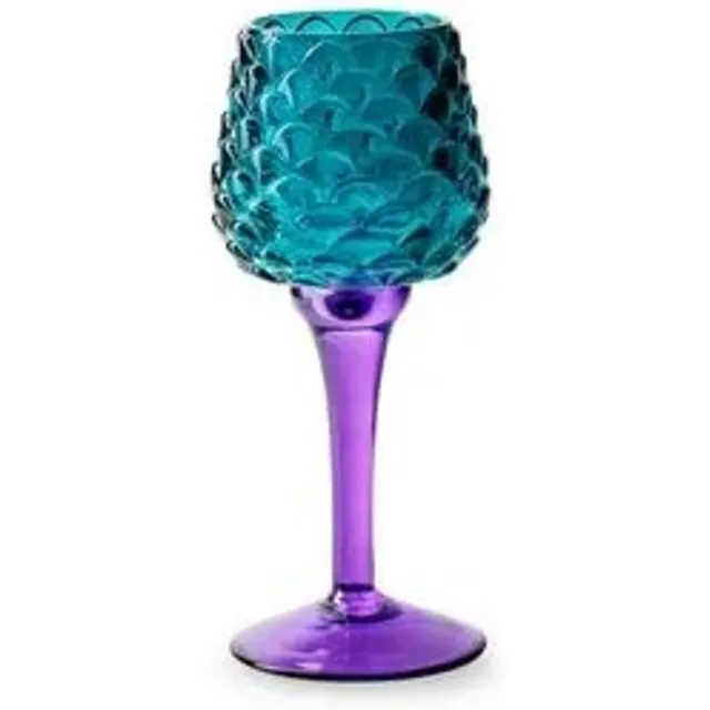 Jodeco Glass Theelichthouder op voet 'pinecone' petrol blauw paars h19 d8 cm blauw/paars