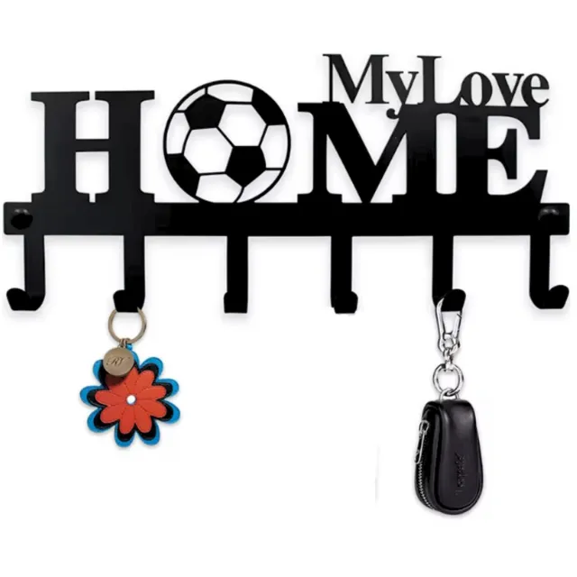 Janse Kapstok met bal met 6 haken - 33cm - Sleutelrek met voetbal - Wandkapstok - Zwart - Metaal - Decoratie - Metalen kapstok - Wandhaken