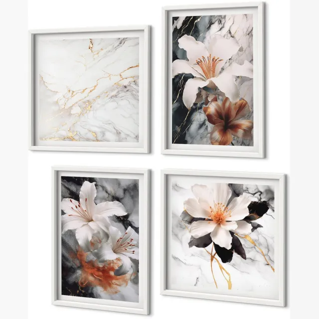 Coloray 4-Delige Schilderij Set - Bloemen Op Een Marmeren Achtergrond In Wit- En Zwarttinten. - 40 x 40 En 40 x 60 - Stijlvolle Muurdecoratie - Slaapkamer - Moderne Wanddecoratie Witte lijst