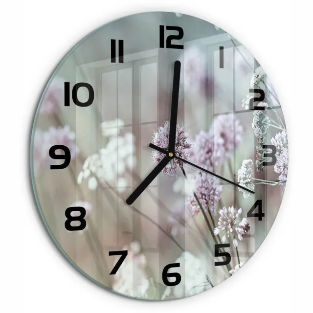 TULUP Wandklok - Wilde bloemen Wandklok Glas Decoratie - fi30 cm - Wit Gekleurde Glazen Klok - Zwarte handen - Ronde Klok - Klok Glas Met Opdruk - Moderne Wandklok Glas