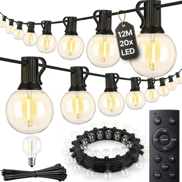 Aurae Buitenverlichting 20 LED - 12 m - Lichtsnoer Buiten en Binnen - Prikkabel met Afstandsbediening - Dimfunctie - Timer - Lichtslinger - Sfeerverlichting - Kerstverlichting