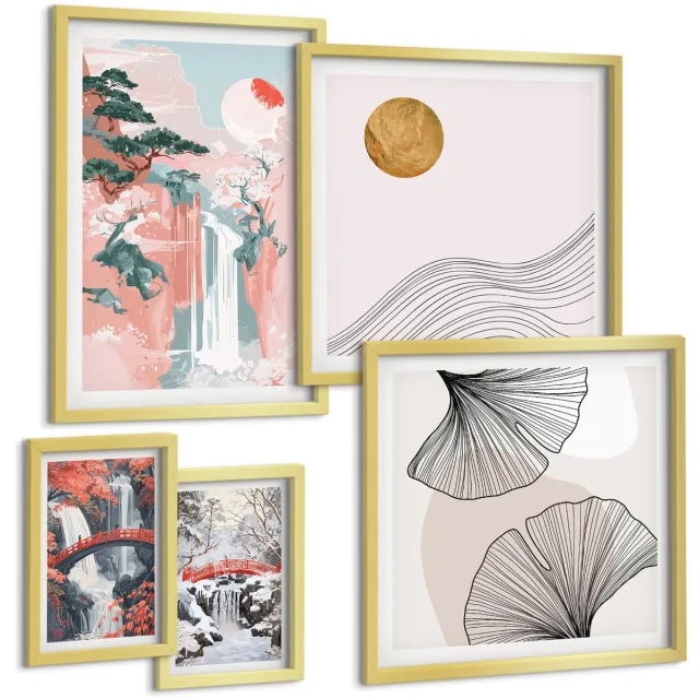 Coloray 5-Delige Schilderij Set - Natuurlijke Landschappen Met Watervallen En Vegetatie In Japanse Stijl - 50 x 50 cm, 20 x 30 cm En 40 x 60 cm - Moderne Wanddecoratie - Slaapkamer - Decoratieve Schilderijen Gouden lijst