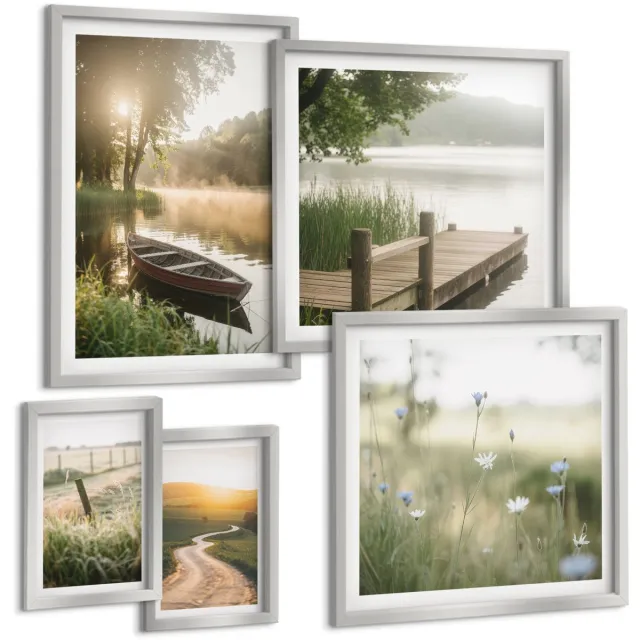 Coloray 5-Delige Schilderij Set - Libellen Tussen Het Gras Bij Het Water In Een Schilderachtige Stijl. - 20 x 30 cm - Stijlvolle Muurdecoratie - Kantoor - Decoratieve Schilderijen Zilveren lijst