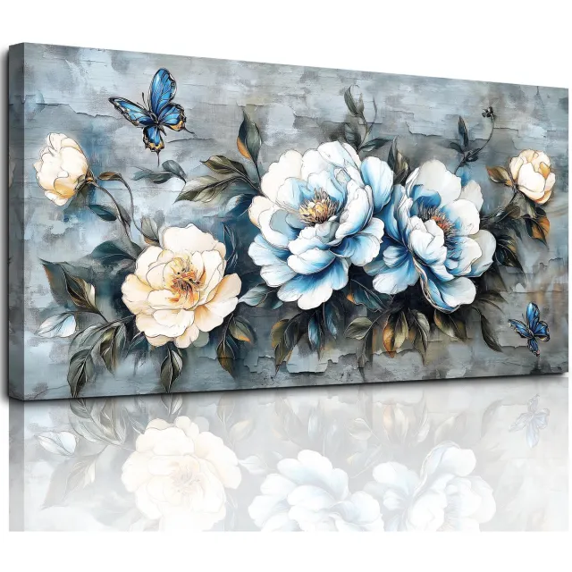 Unyqoos Elegante Canvas Wandkunst met Pioenrozen en Vlinders voor Moderne Interieurs blauw