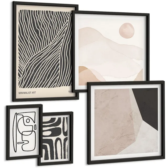 Coloray 5-Delige Schilderij Set - Minimalistische Ontwerpen In Aardse Tinten En Abstracte Vormen. - 50 x 50 cm, 20 x 30 cm En 40 x 60 cm - Muurdecoratie - Schilderijen Set - Woonkamer - Moderne Wanddecoratie Zwarte lijst