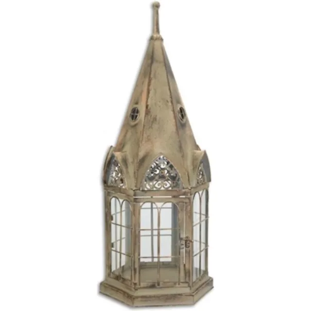 MadDeco Boutique Trukado - Tinnen Lantaarn in de vorm van een Torenspits met Glazen Ruitjes - (hxbxl) ca. 57,5 x 20,5 x 23,4cm metal met roest accenten