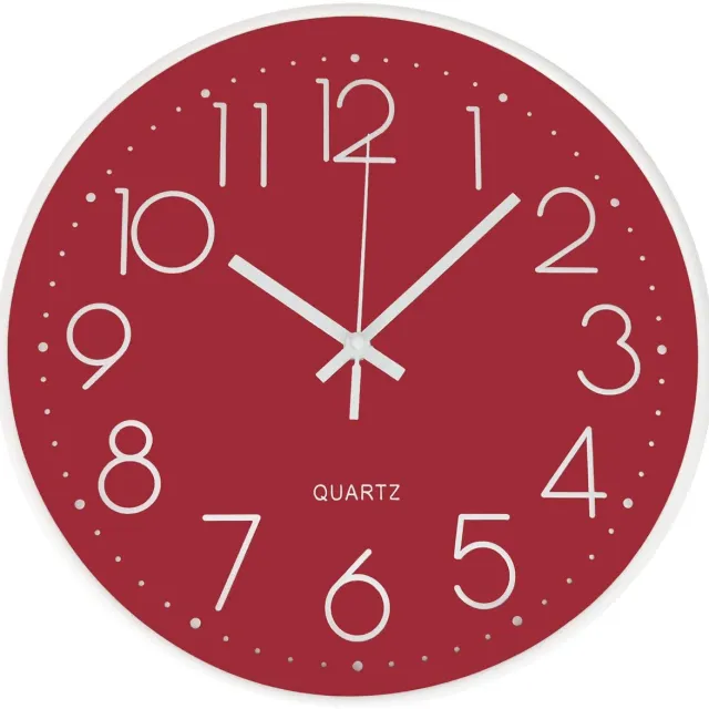 Outpicker Wandklok Zonder Tikgeluid 30cm Moderne Kwarts Stille Wandklok Kruipende Seconde Wandklok Decoratie voor Kamer Huis Woonkamer Keuken Kantoor Slaapkamer (rood)