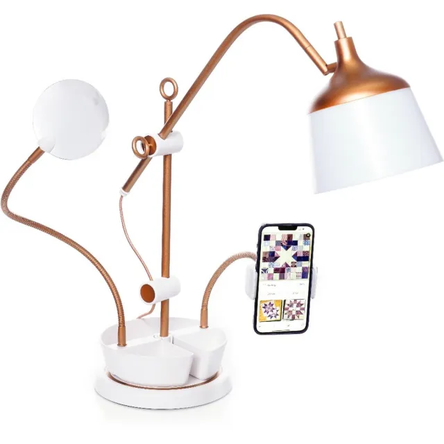 Daylight Anita Bureaulamp E21058 - borduurlamp - dimbare led verlichting - 3 lichtkleuren - 2x vergroting - smartphonehouder Brons