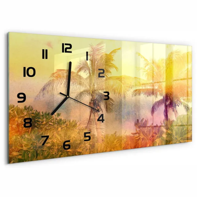 TULUP Wandklok - Kleurrijke palmbomen Gekleurde Glazen Klok - 60x30 cm - Geel Glazen Klok Met Print - Zwarte handen - Rechthoekige Klok - Moderne Wandklok Glas - Wandklok Glas Decoratie