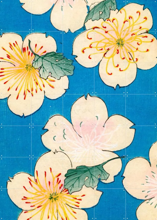 IXXI Dogwood Blossoms 1883, Bridgeman Images - 100 x 140 cm - Grote wanddecoratie en posters - Klassiek, Illustraties, Houtsnede, Ukiyo-e, Vintage Blauw