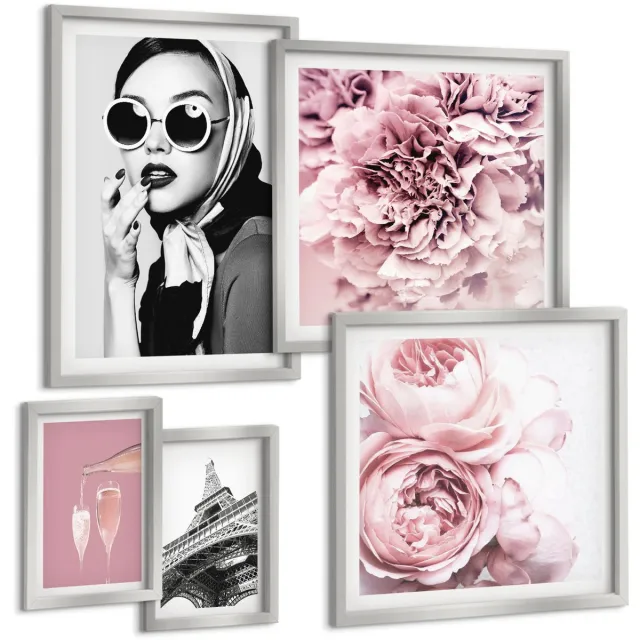 TULUP 4-Delige Schilderij Set - Stijlvolle portretten en bloemenaccenten in roze tinten - 50 x 50 cm, 20 x 30 cm en 40 x 60 cm - Muurdecoratie - Decoratieve Schilderijen - Wohnzimmer - Interieur Decoratie Zilveren lijst