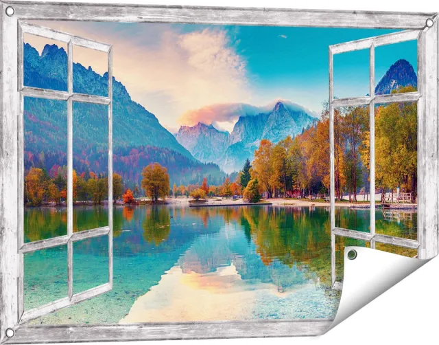Gards Tuinposter Doorkijk Meer - 90x60 cm - Tuindoek - Tuindecoratie - Wanddecoratie buiten - Tuinschilderij Grijs