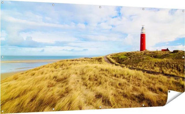 Gards Tuinposter Vuurtoren met Duinen in Texel - 200x100 cm - Tuindoek - Tuindecoratie - Wanddecoratie buiten - Tuinschilderij Multikleur