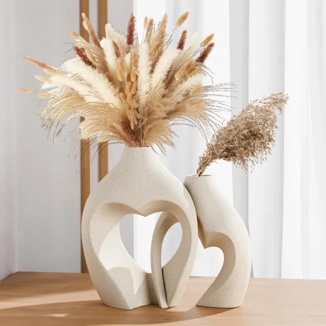 COOAU Keramische Bloemenvaas - Hartvormige Vazenset van 2 - voor Huisdecoratie Woonkamer, Bruiloftstafelstukken lichtgeel