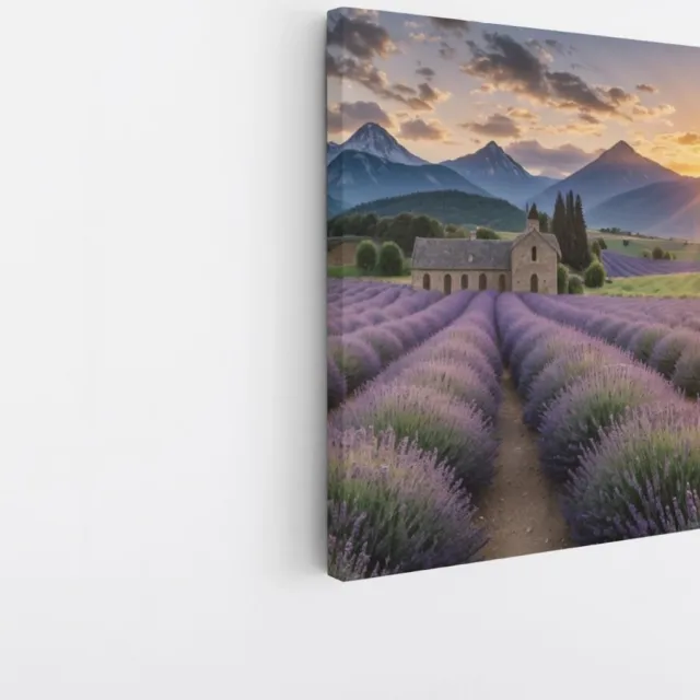Saammp Canvas Schilderij - Landschap - Lavendel tusen de bergen - Natuur - 30x30 - Foto op canvas - Wanddecoratie - Muurdecoratie Woonkamer - Slaapkamer decoratie - Canvas Print Multicolor