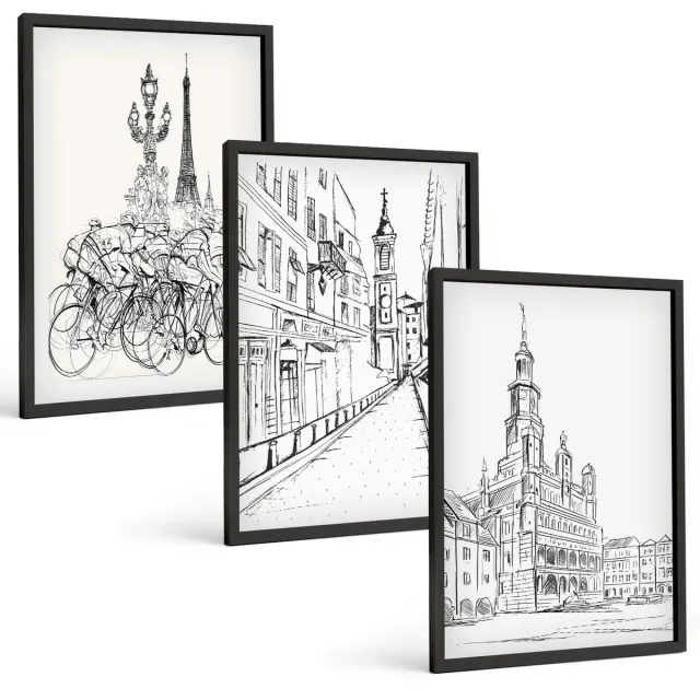 Coloray 3-Delige Schilderij Set - Eenvoudige Tekeningen Van Stadsgezichten - 40 x 60 cm - Muurdecoratie - Wanddecoratie - Slaapkamer Zwarte lijst