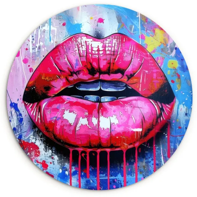 WallCircle Wandcirkel 150x150 cm - Muurcirkel Graffiti - Lippen - Felroze - Geschilderd - Muurdecoratie woonkamer - Wanddecoratie slaapkamer - Kamer decoratie accessoires - Ronde schilderijen Lippen - Verf