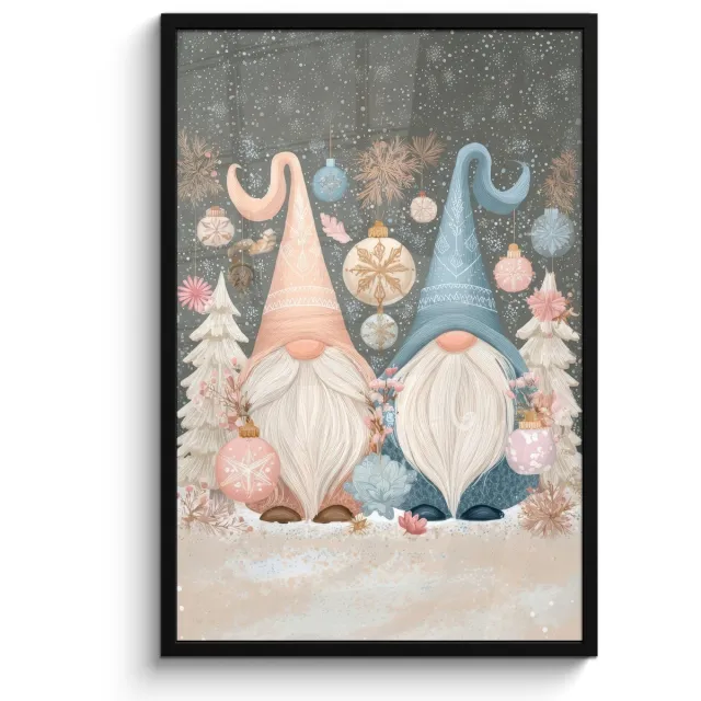 FrameYourWall Poster in lijst - Fotolijst 60x90 cm - Posters - Kerst - Gnomen - Pastel - Posterlijst zwart - Decoratie - Wanddecoratie woonkamer - Muurdecoratie slaapkamer - Kerstversiering - Kerstdecoratie voor binnen - Kerstmis