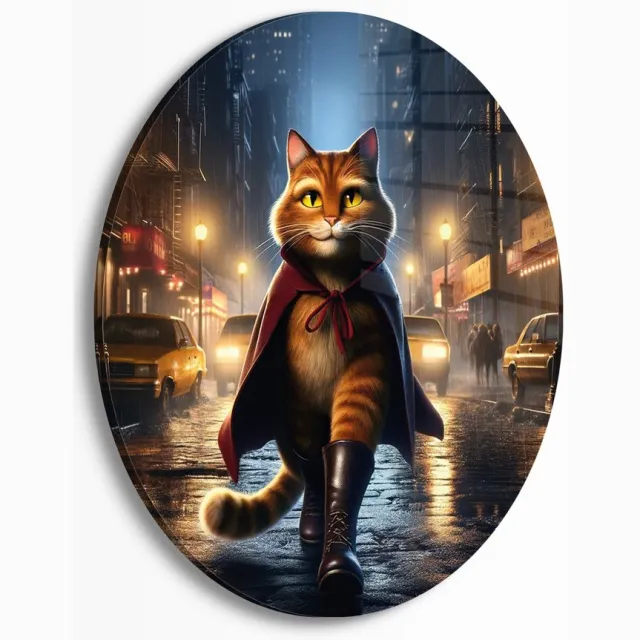 Myfinto Indoorart - Muurcirkel Gelaarsde Kat Plexiglas 40 cm - Wanddecoratie - Afbeelding op Plexiglas - Inclusief ophangplaat blauw, bruin, geel, oranje, zwart, rood