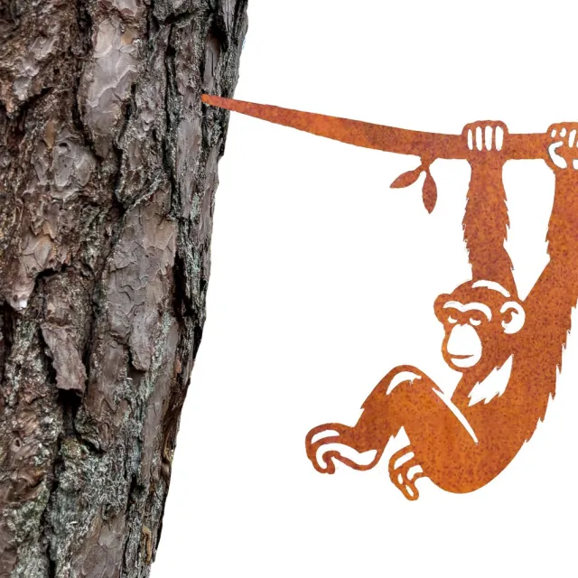 Steelhouet Chimpansee aan tak GROOT Tuindecoratie – Metaal Silhouet voor Boom of Schutting – Cortenstaal – Cadeau voor Tuinliefhebber – Lokale Productie - Boomprikker - Steelhouet