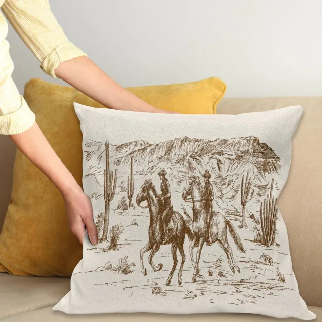 ABAKUHAUS Western Sierkussenhoes, Landelijk Thema Hand Getekend Illustratie van Amerikaans Wild West Desert met Cowboys, Decoratieve Vierkante Sierkussenhoes, 70 x 70 cm, Umber Crème