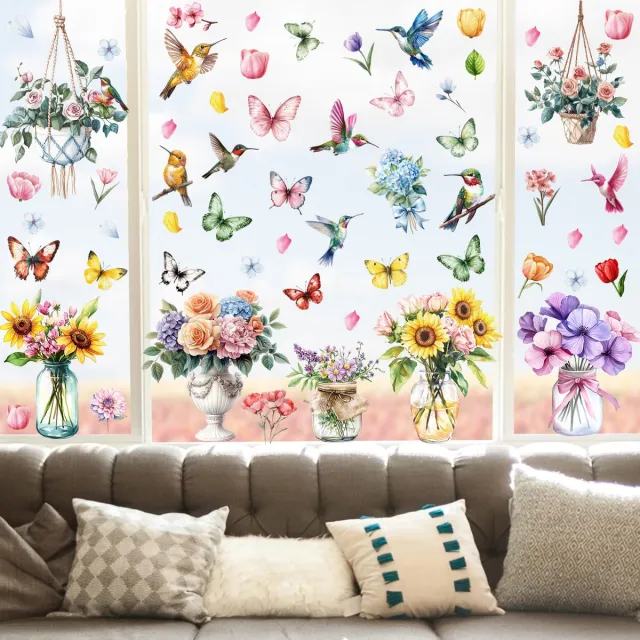 Cyslmuk 9 vellen elektrostatische raamstickers met bloemenpatroon voor interieurdecoratie in de lente, geschikt voor ramen en deuren. Deze stickers met lentemotief, vogels en bloemen zijn ideaal voor doe-het-zelf elektrostatische raamfolie|Cyslmuk®