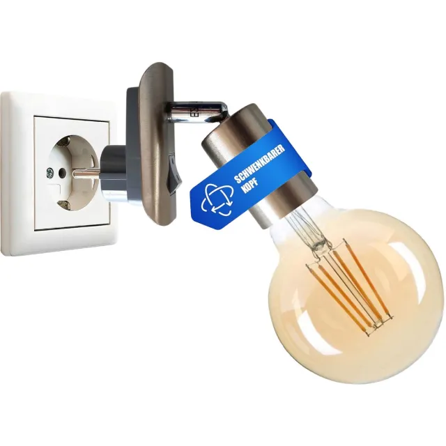 Trango Stekkerlamp 11-060A in mat nikkel incl. 1x 4 watt 2500K goud warmwit E27 LED-lamp *ANNA* fitting, leeslamp, nachtlampje, wandlamp, keukenlamp, steeklamp Nikkel mat