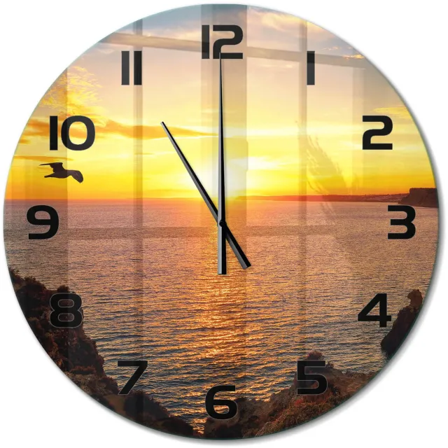 TULUP Wandklok - Zonsondergang Zee Gekleurde Glazen Klok - fi60 cm - Geel Glazen Klok Met Print - Zwarte handen - Ronde Klok - Moderne Wandklok Glas - Wandklok Glas Decoratie