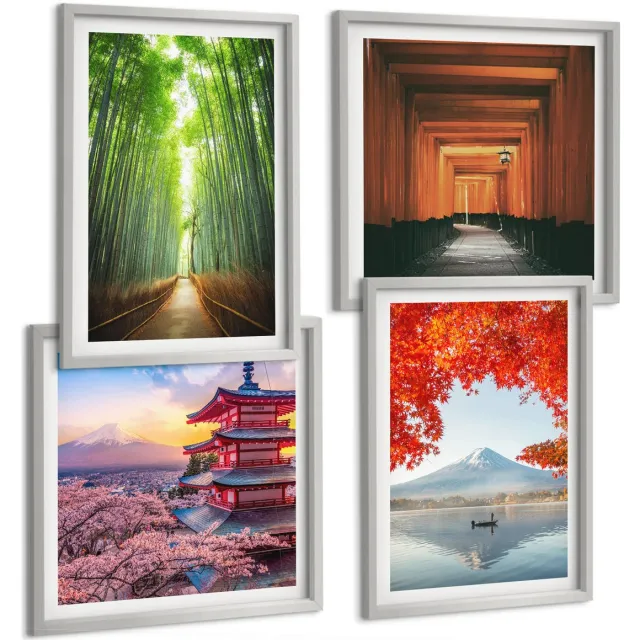 TULUP 4-Delige Schilderij Set - Bamboebos, Mount Fuji, Torii-pad, Japanse architectuur - 40 x 40 cm en 40 x 60 cm - Stijlvolle Muurdecoratie - Kantoor Zilveren lijst